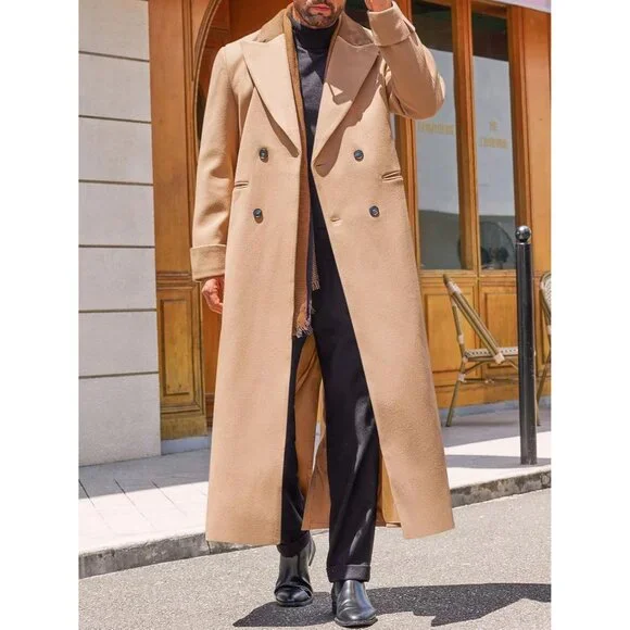 💫 Men Cream Long Trench Coat Full Length Notched Lapel Double Breasted Jacket